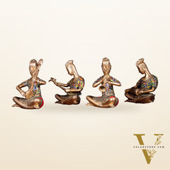 Brass Tribal Musicians Set with abstract Stonework | Height: 9 inch