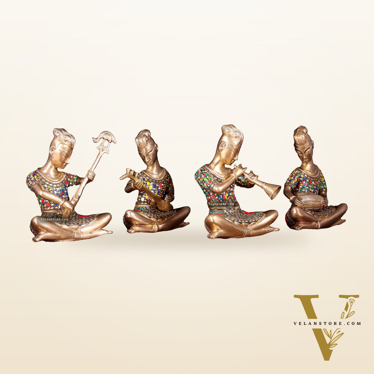 Brass Tribal Musicians Set with abstract Stonework | Height: 9 inch