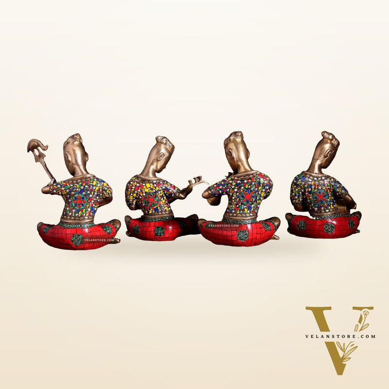 Brass Tribal Musicians Set with abstract Stonework | Height: 9 inch