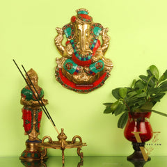 Brass turban Ganesh Wall Hanging Stonework 9"