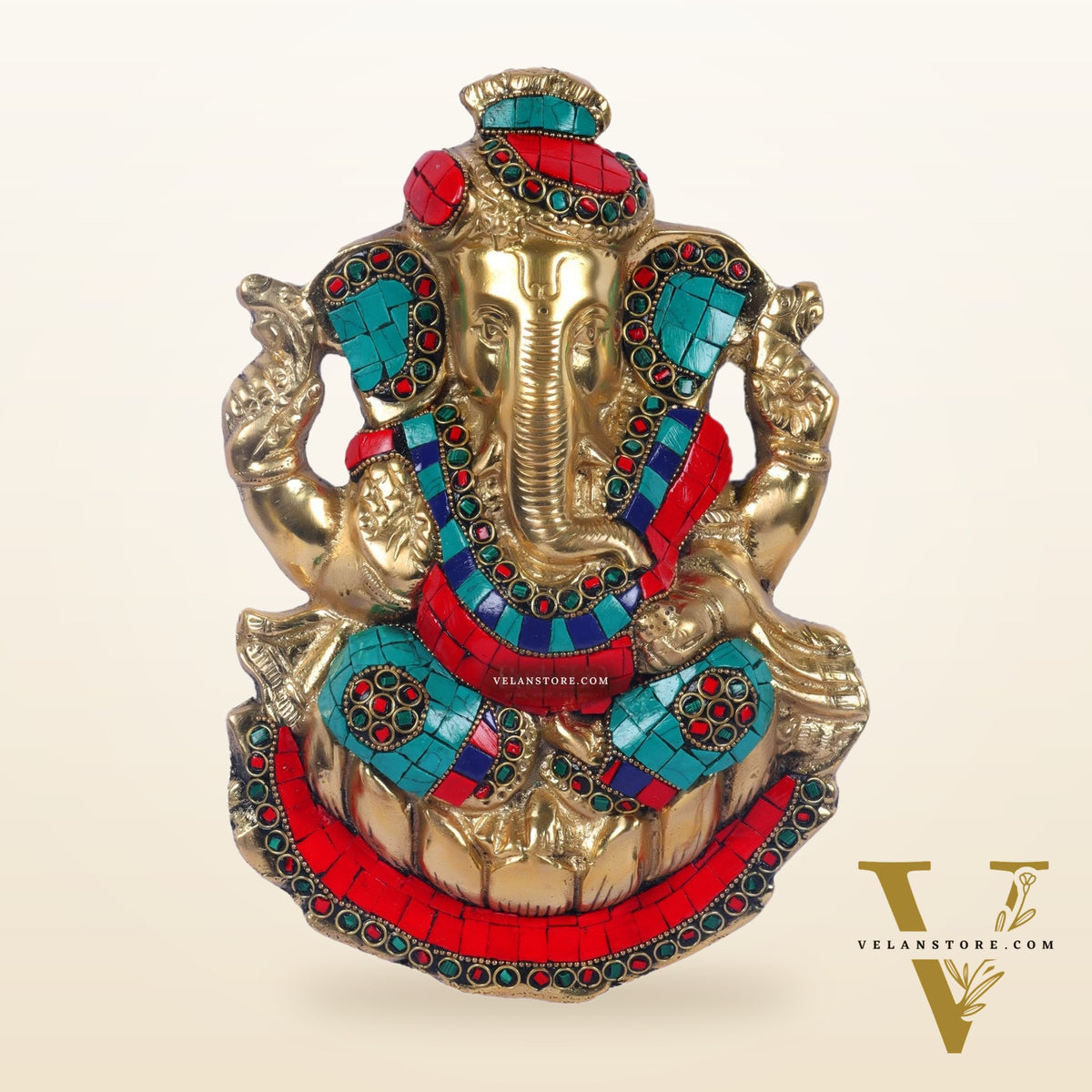 Brass turban Ganesh Wall Hanging Stonework 9"