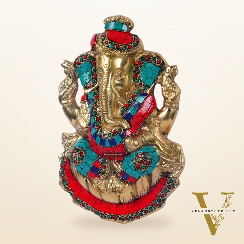 Brass turban Ganesh Wall Hanging Stonework 9"