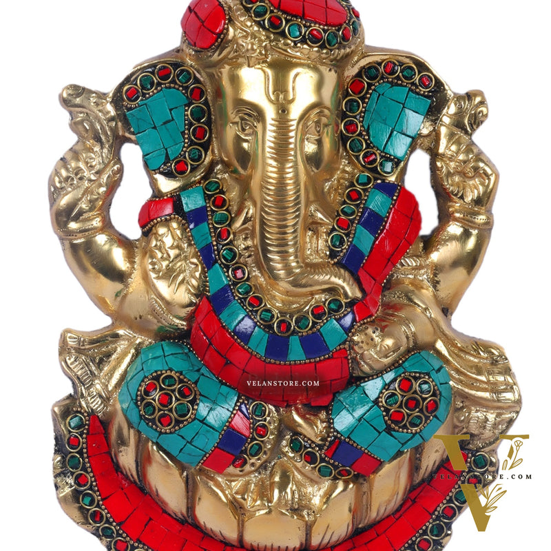 Brass turban Ganesh Wall Hanging Stonework 9"