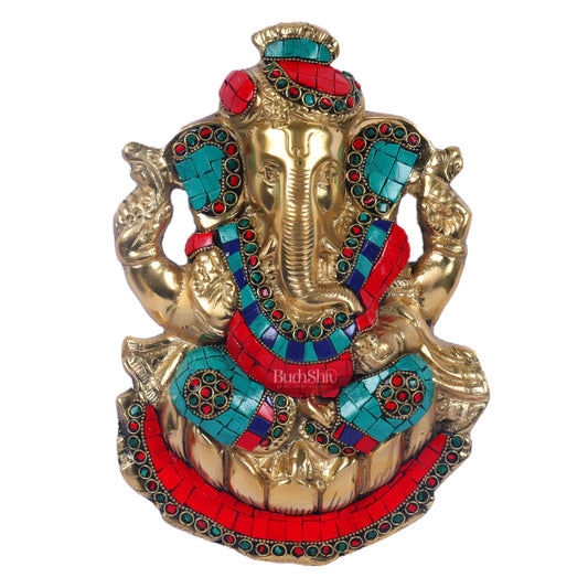 Brass turban Ganesh Wall Hanging Stonework 9"