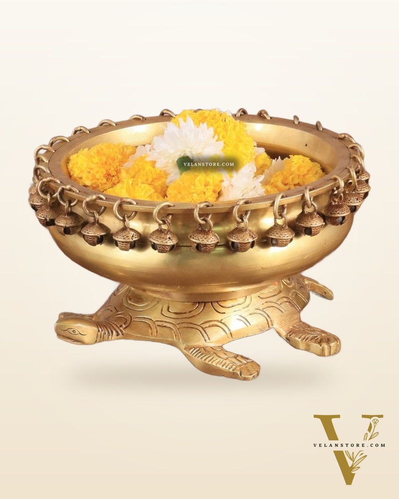 Brass Urli Bowl with Tortoise Base - 8"x10"x5", Matte golden
