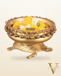 Brass Urli Bowl with Tortoise Base - 8"x10"x5", Matte golden