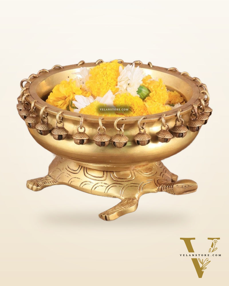 Brass Urli Bowl with Tortoise Base - 8"x10"x5", Matte golden