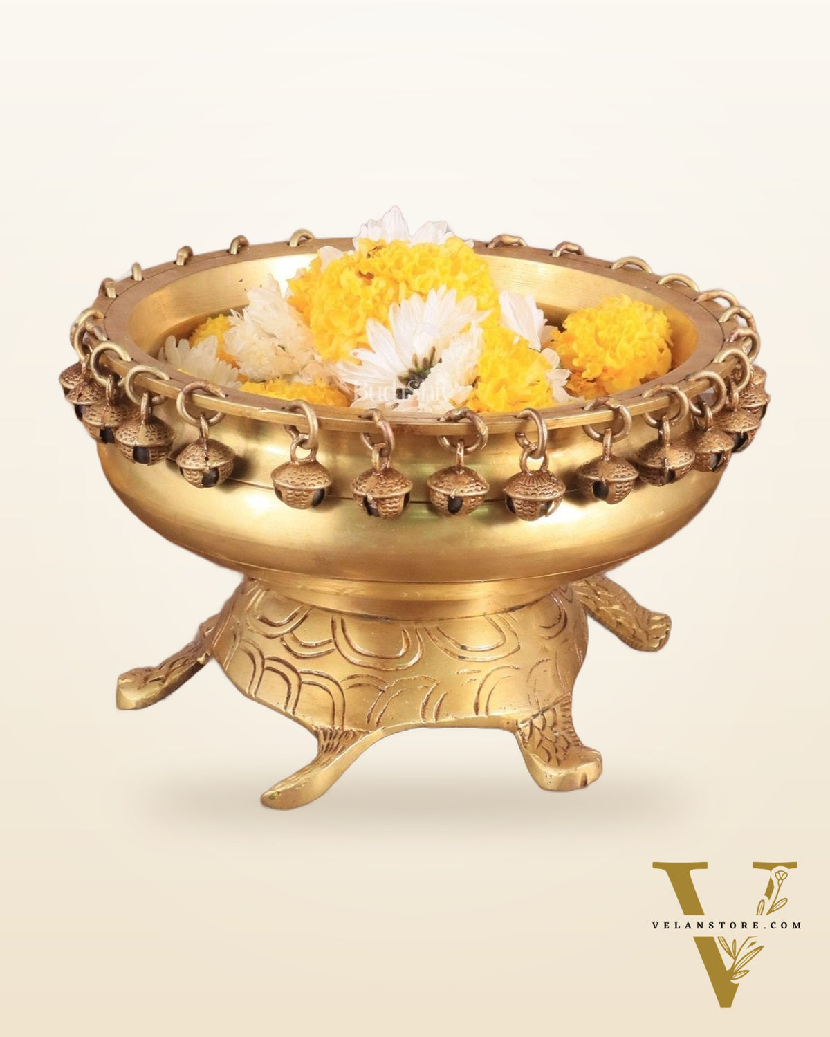 Brass Urli Bowl with Tortoise Base - 8"x10"x5", Matte golden
