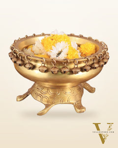 Brass Urli Bowl with Tortoise Base - 8"x10"x5", Matte golden