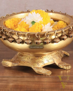 Brass Urli Bowl with Tortoise Base - 8"x10"x5", Matte golden
