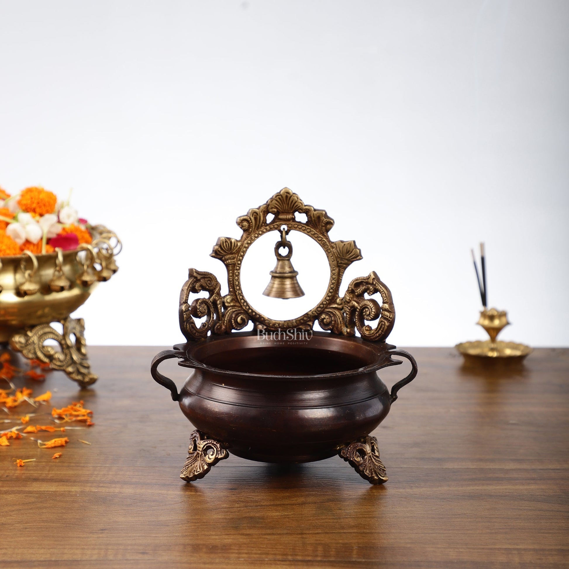 Brass urli with engraved design and bell