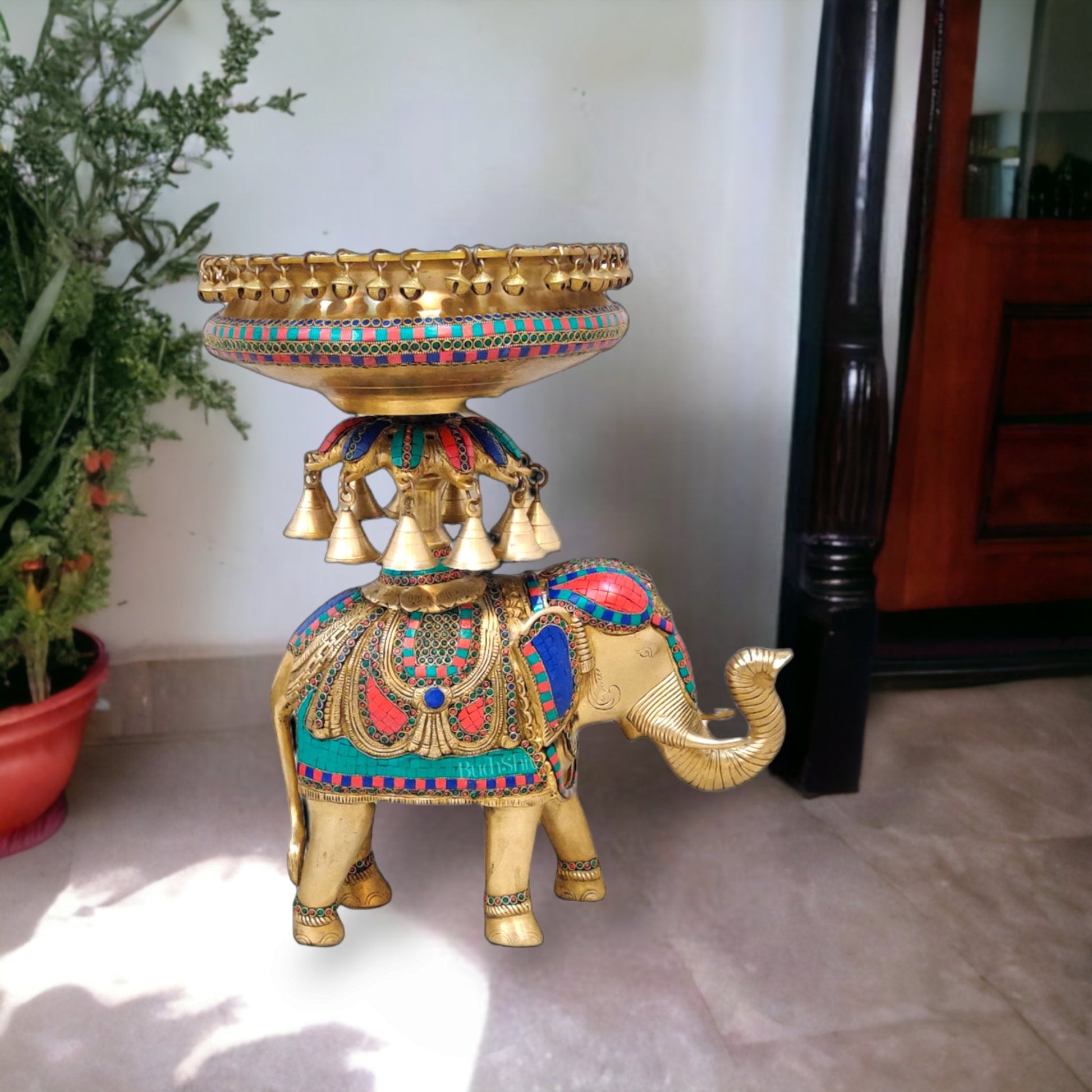 Brass Urli with Engraved Elephant | Meenakari Art | Decorate Your Home with Elegance