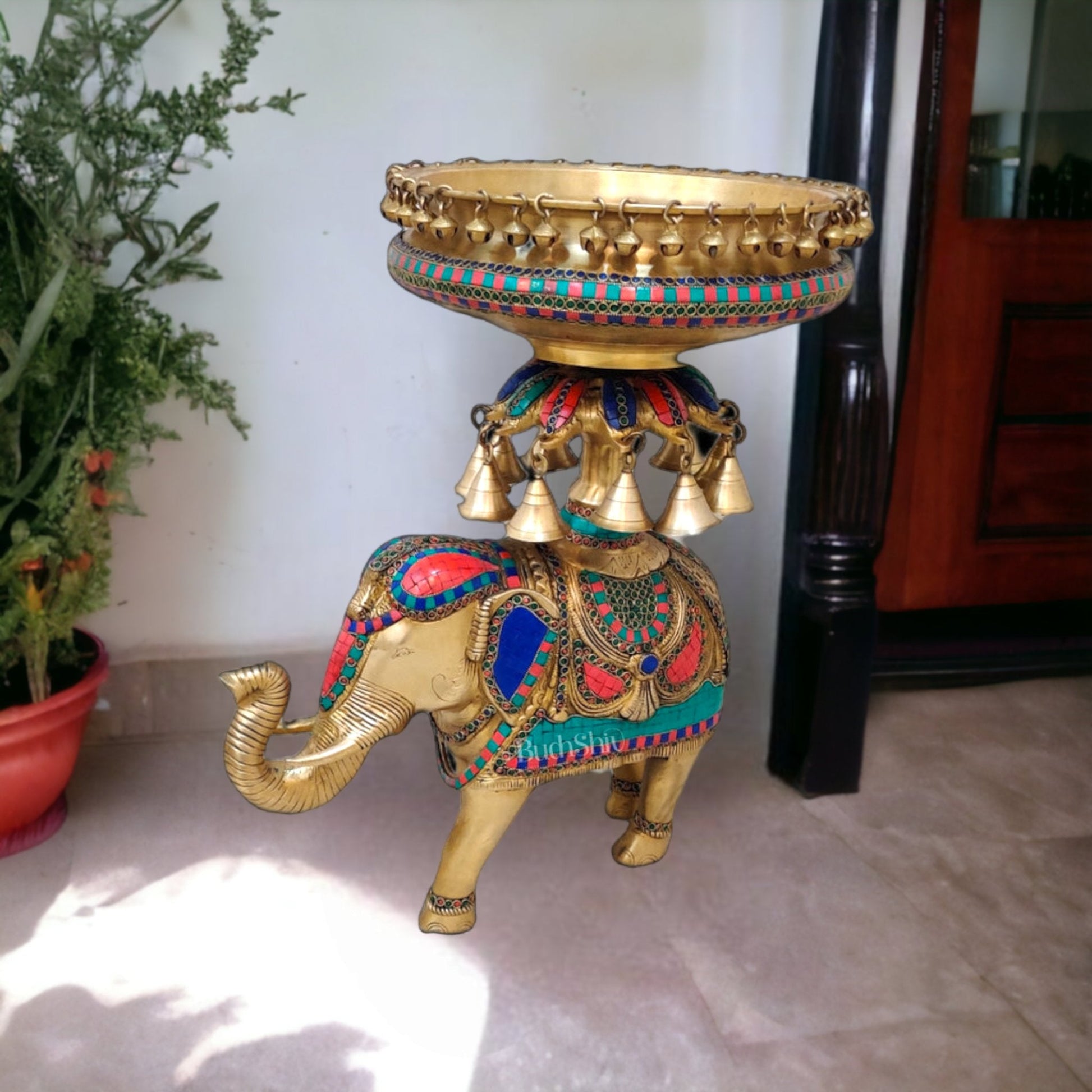 Brass Urli with Engraved Elephant | Meenakari Art | Decorate Your Home with Elegance