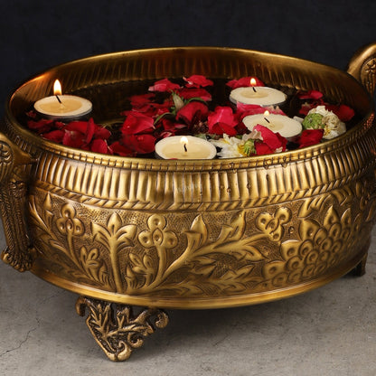 Brass Urli with peacock handles 9"