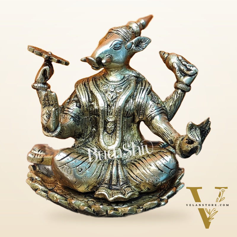 Brass Varaha seated on lotus 6"