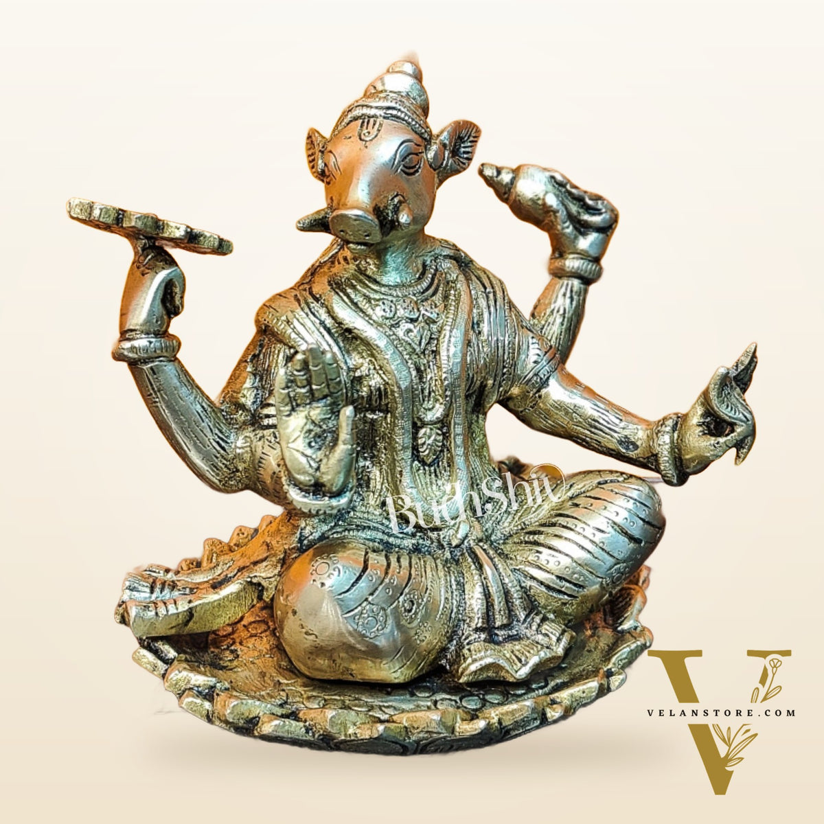 Brass Varaha seated on lotus 6"