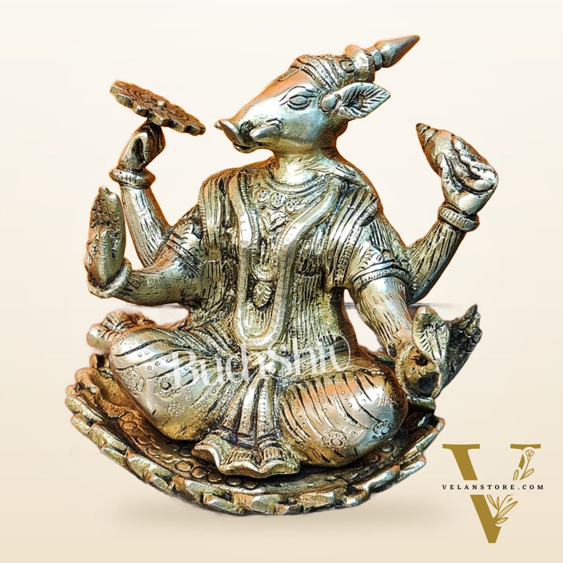 Brass Varaha seated on lotus 6"