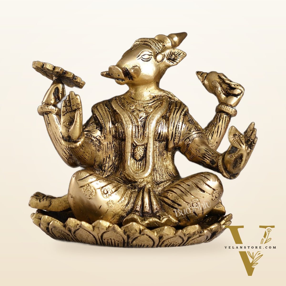 Brass Varaha seated on lotus 6"