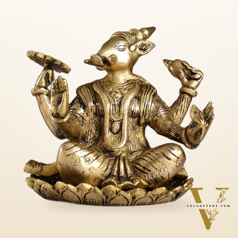 Brass Varaha seated on lotus 6"