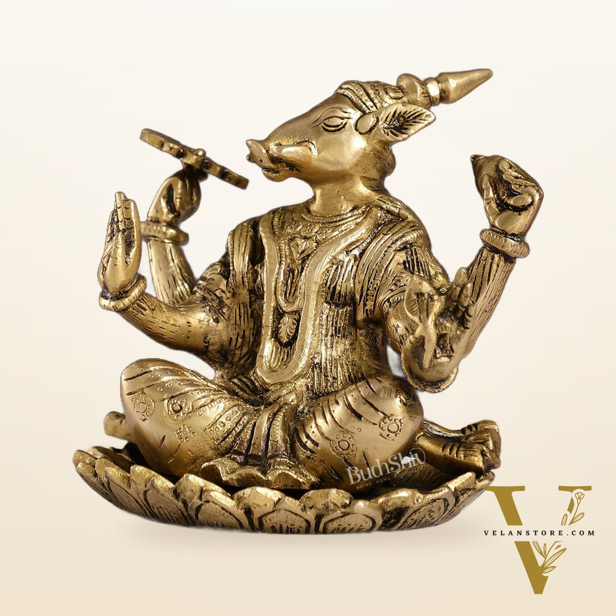 Brass Varaha seated on lotus 6"