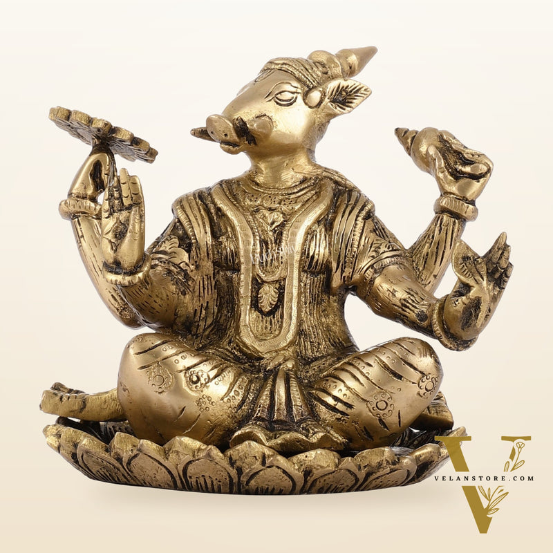 Brass Varaha seated on lotus 6"