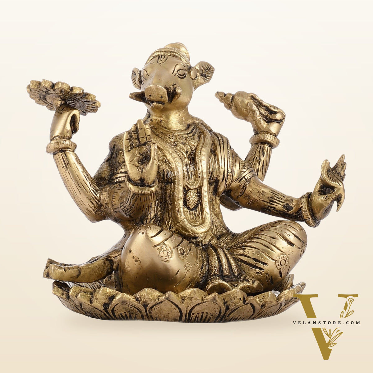 Brass Varaha seated on lotus 6"