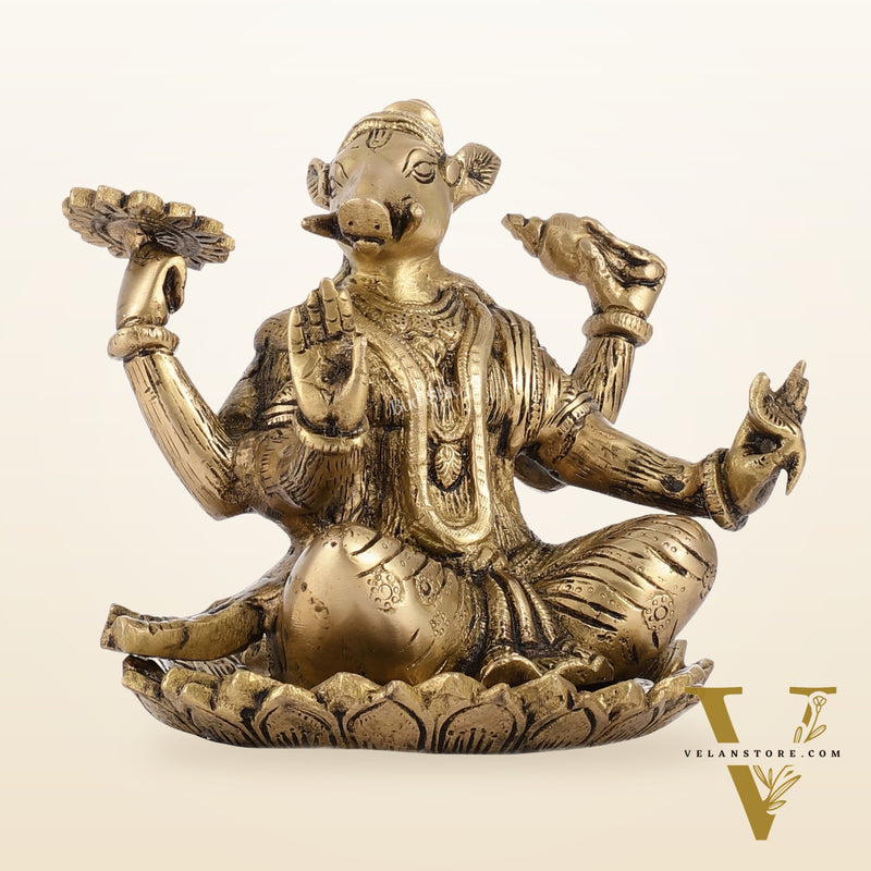 Brass Varaha seated on lotus 6"
