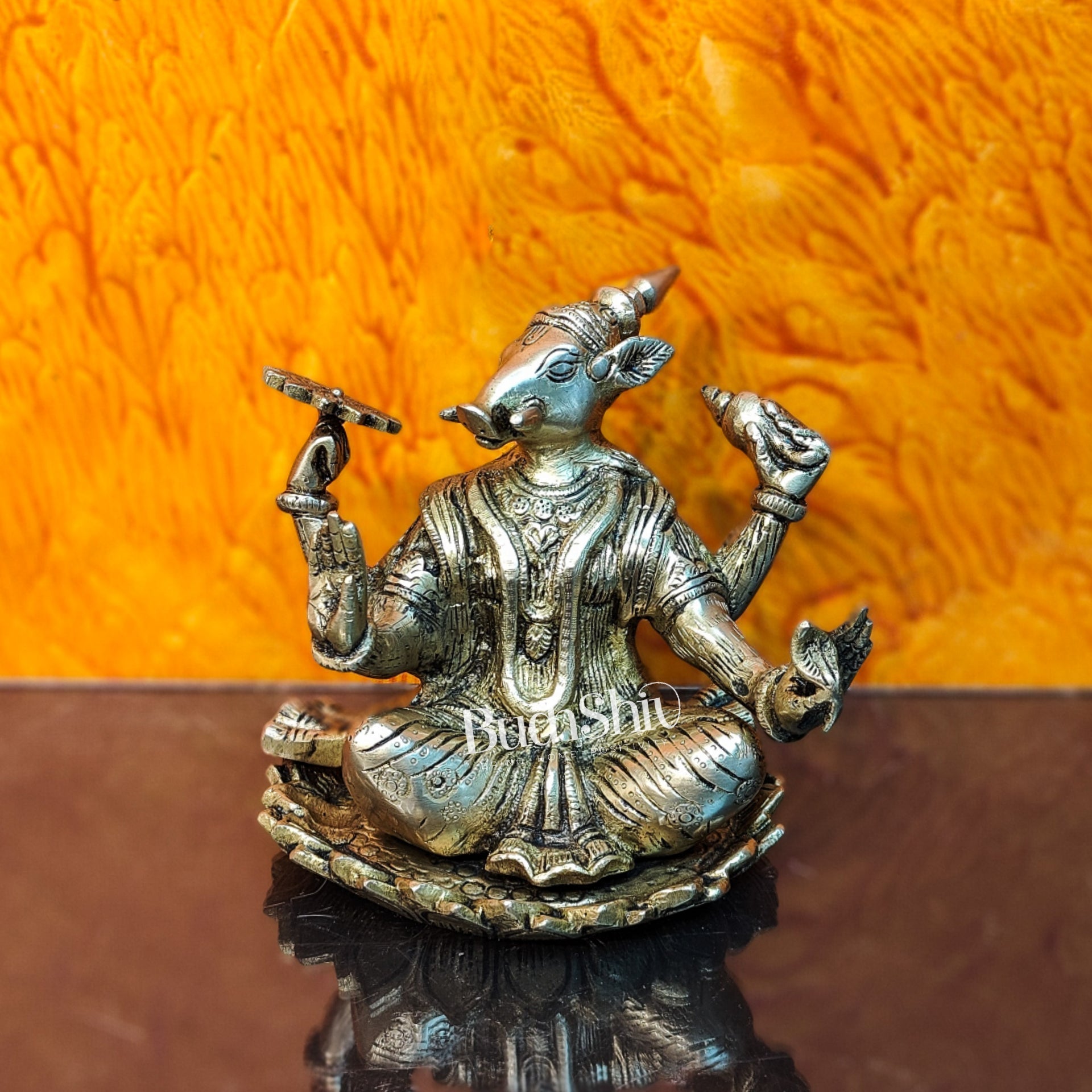 Brass Varaha seated on lotus 6"