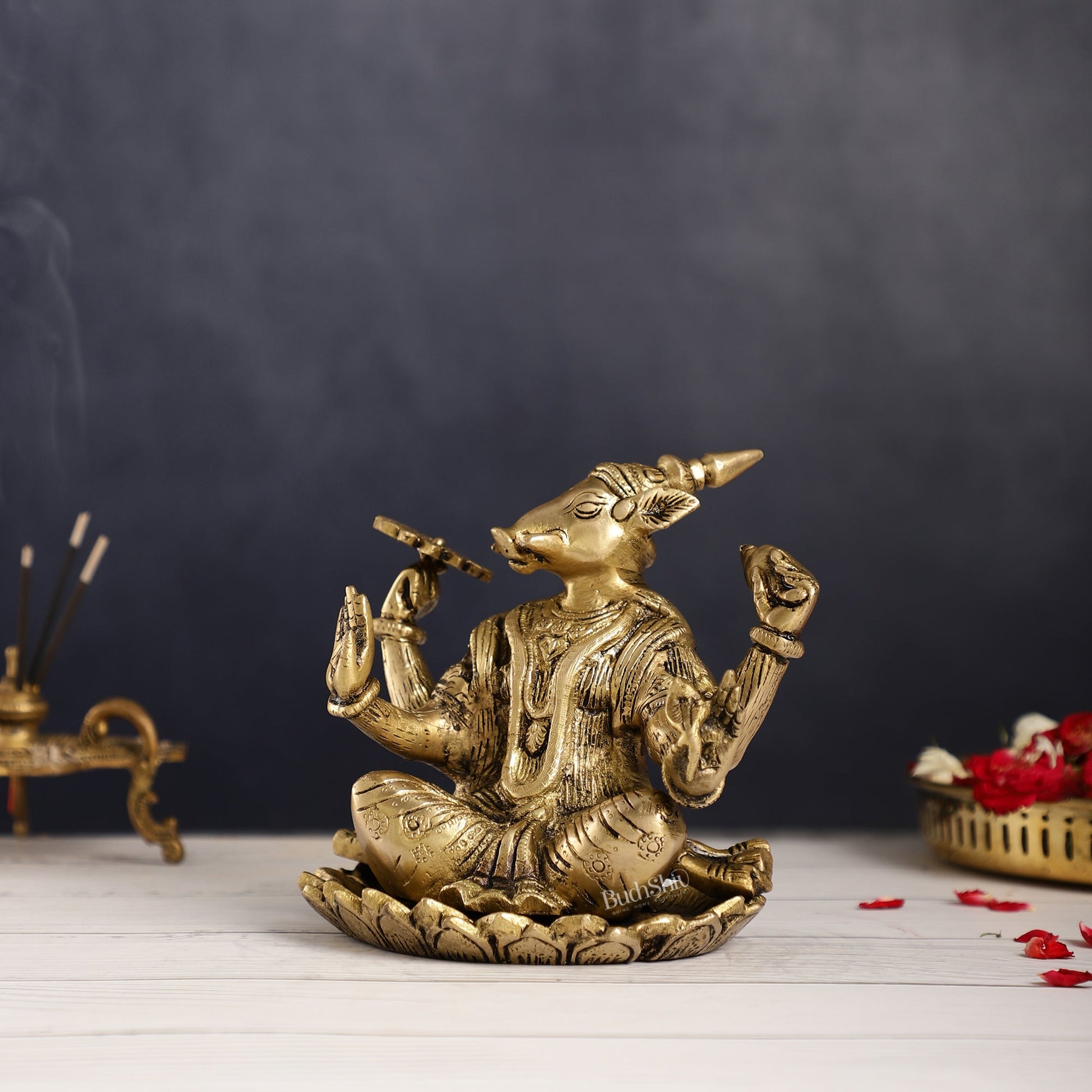 Brass Varaha seated on lotus 6"