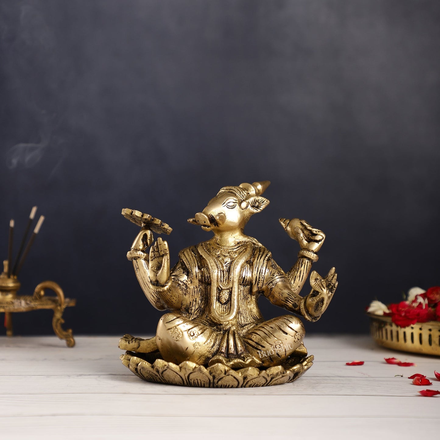 Brass Varaha seated on lotus 6"