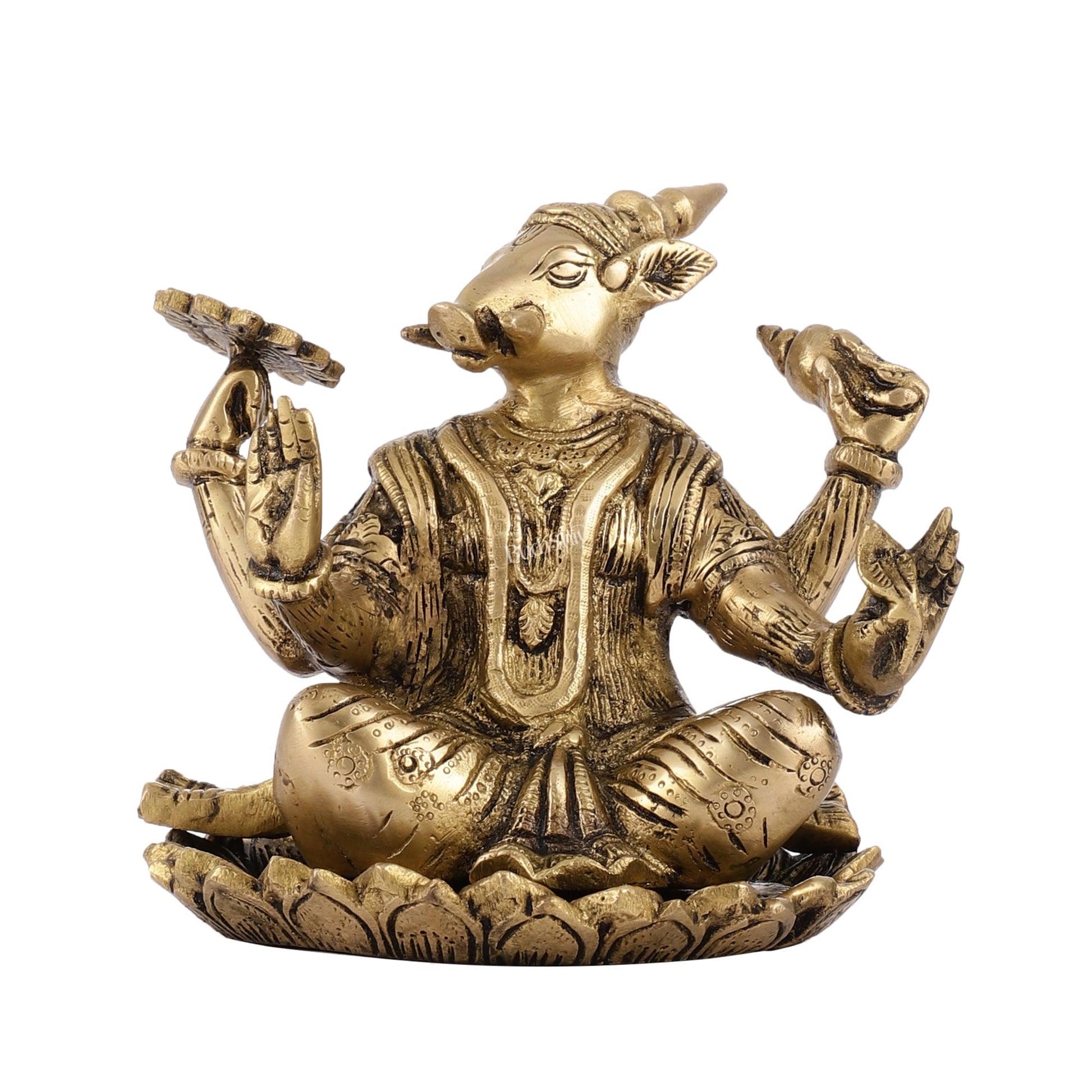 Brass Varaha seated on lotus 6"
