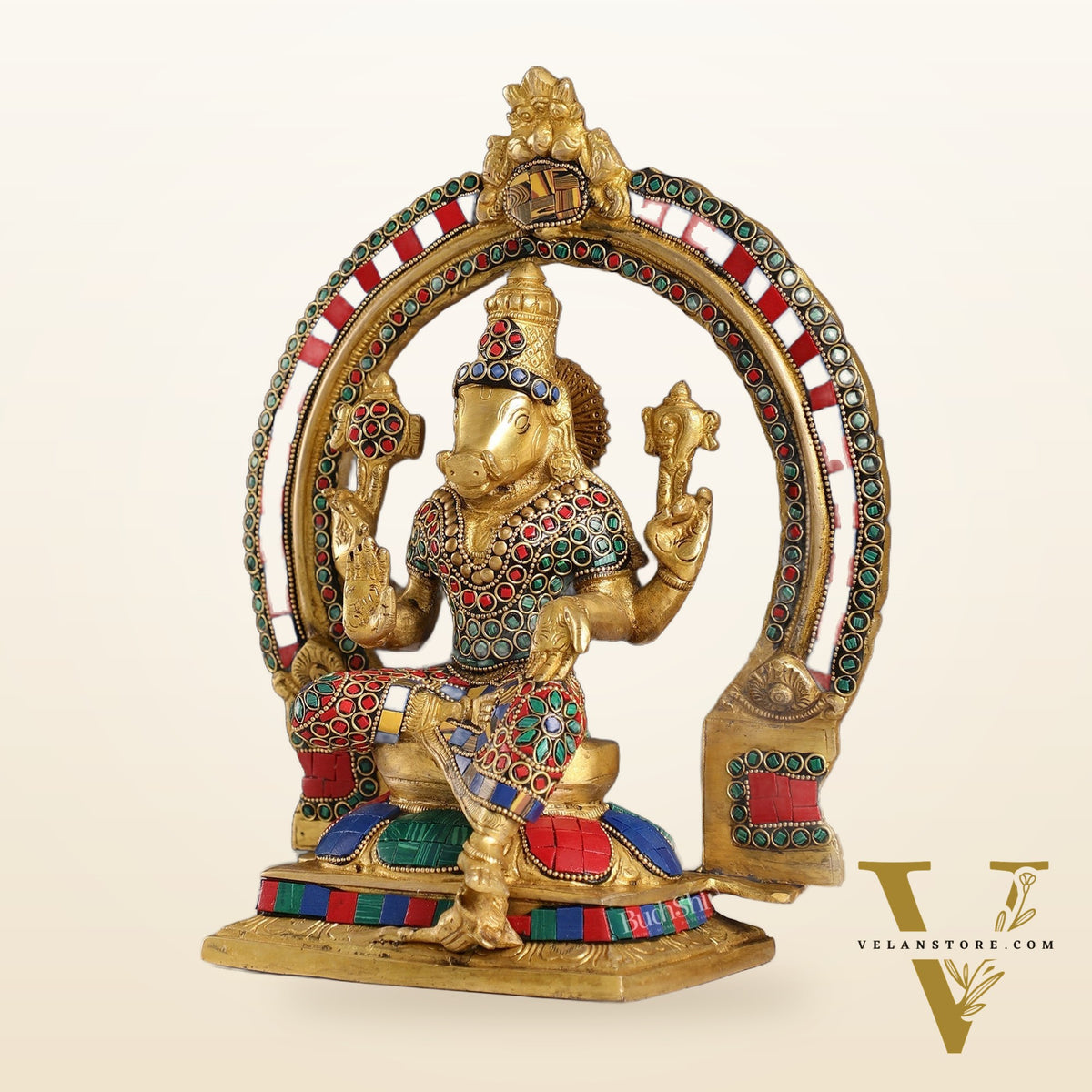 Brass Varahi Amman Statue with Stonework 11 inch