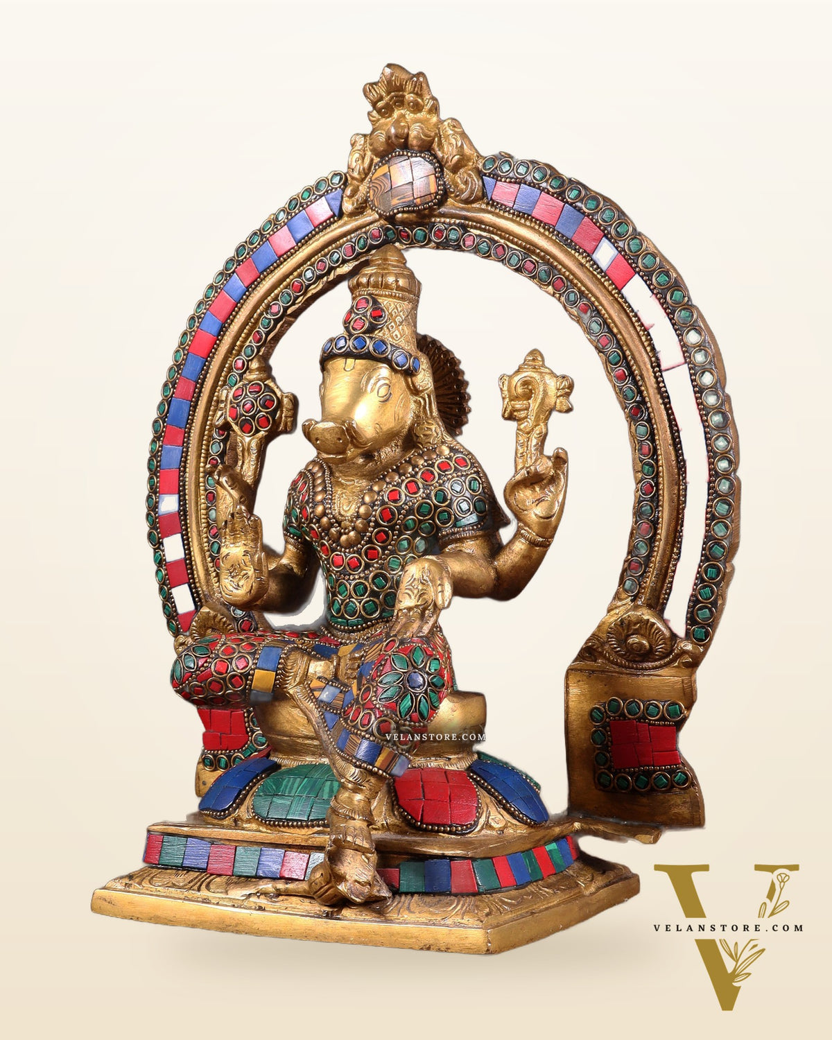 Brass Varahi Amman Statue with Stonework 11 inch