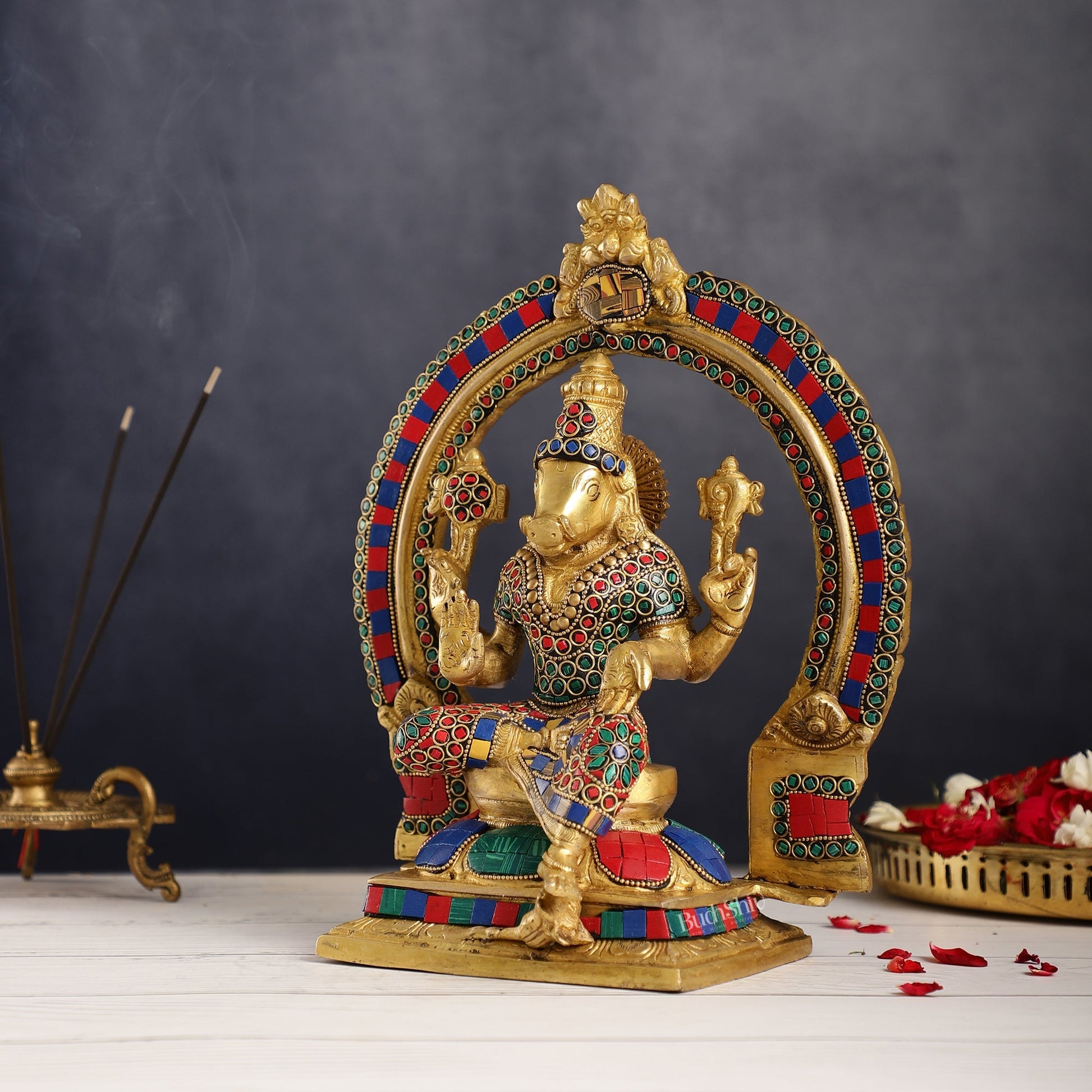 Brass Varahi Amman Statue with Stonework 11 inch
