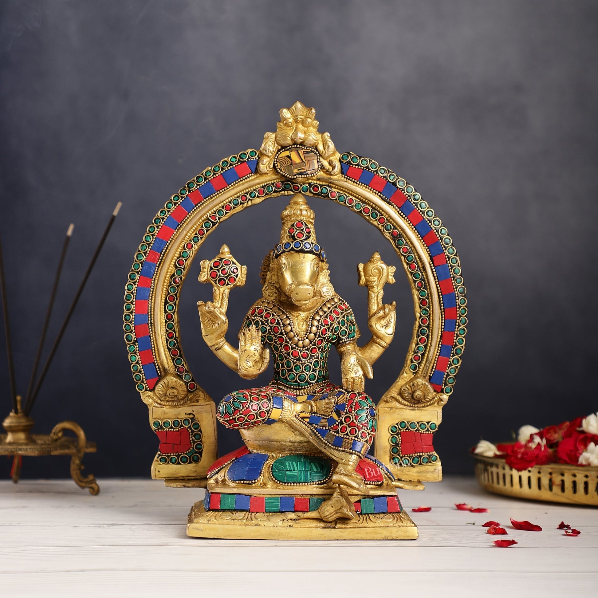 Brass Varahi Amman Statue with Stonework 11 inch