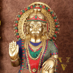 Brass Veer Hanuman Statue with Stonework - 20"