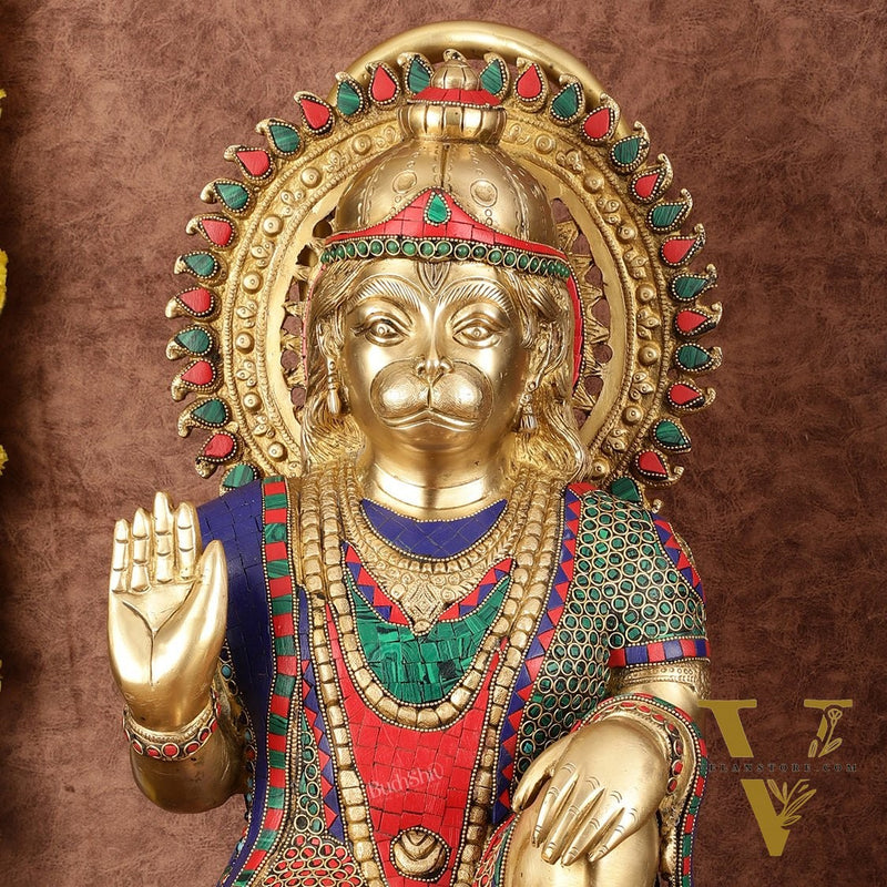 Brass Veer Hanuman Statue with Stonework - 20"
