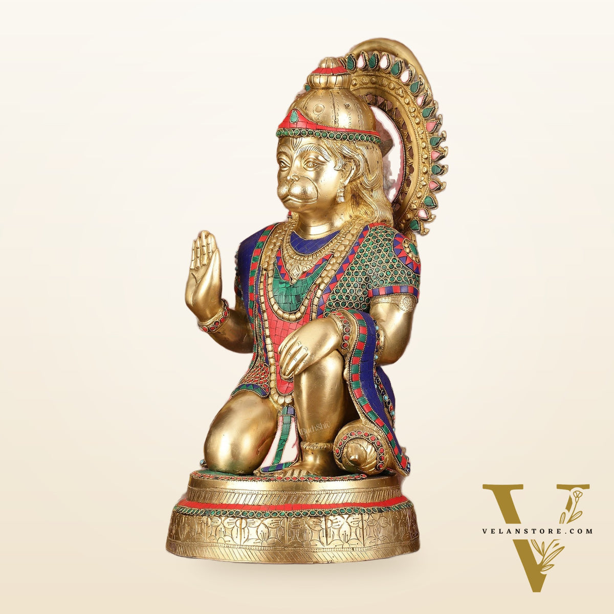 Brass Veer Hanuman Statue with Stonework - 20"
