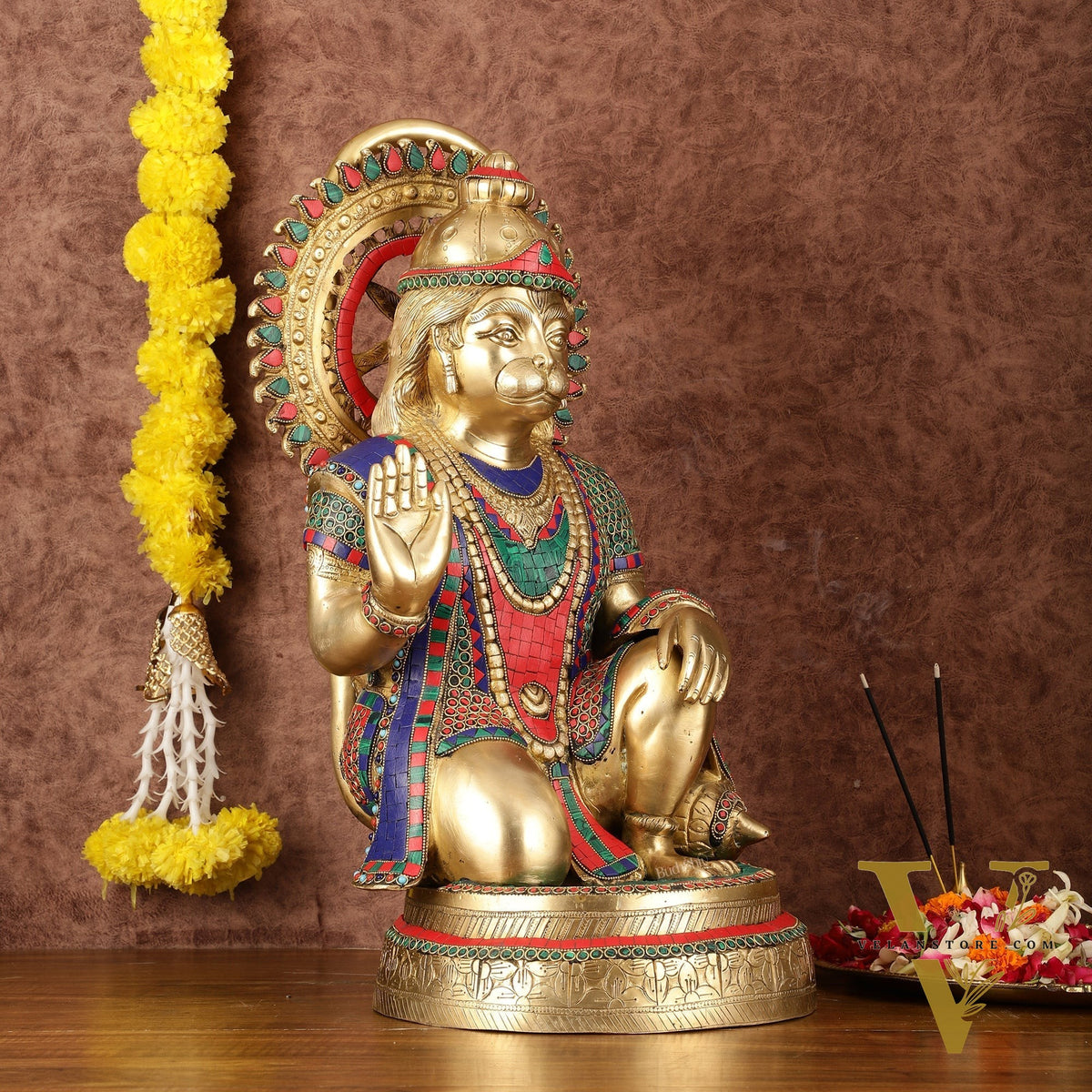 Brass Veer Hanuman Statue with Stonework - 20"