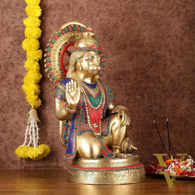 Brass Veer Hanuman Statue with Stonework - 20"