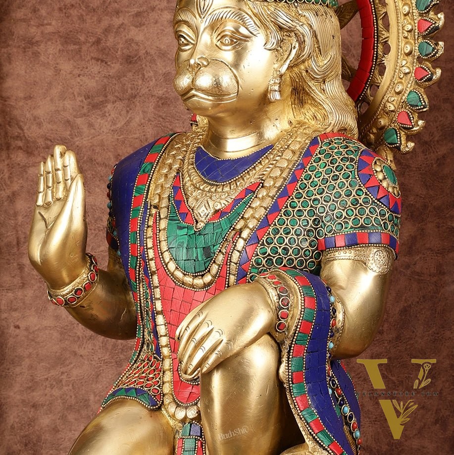 Brass Veer Hanuman Statue with Stonework - 20"