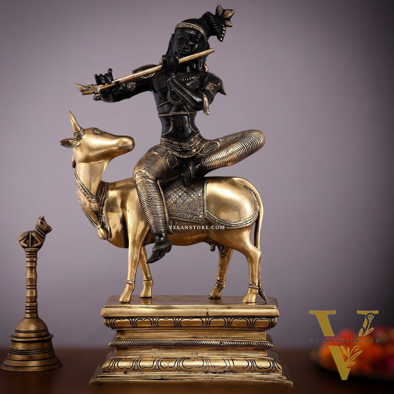 Brass Venugopal Krishna on Cow Statue - 21" Height with Black Gold Finish