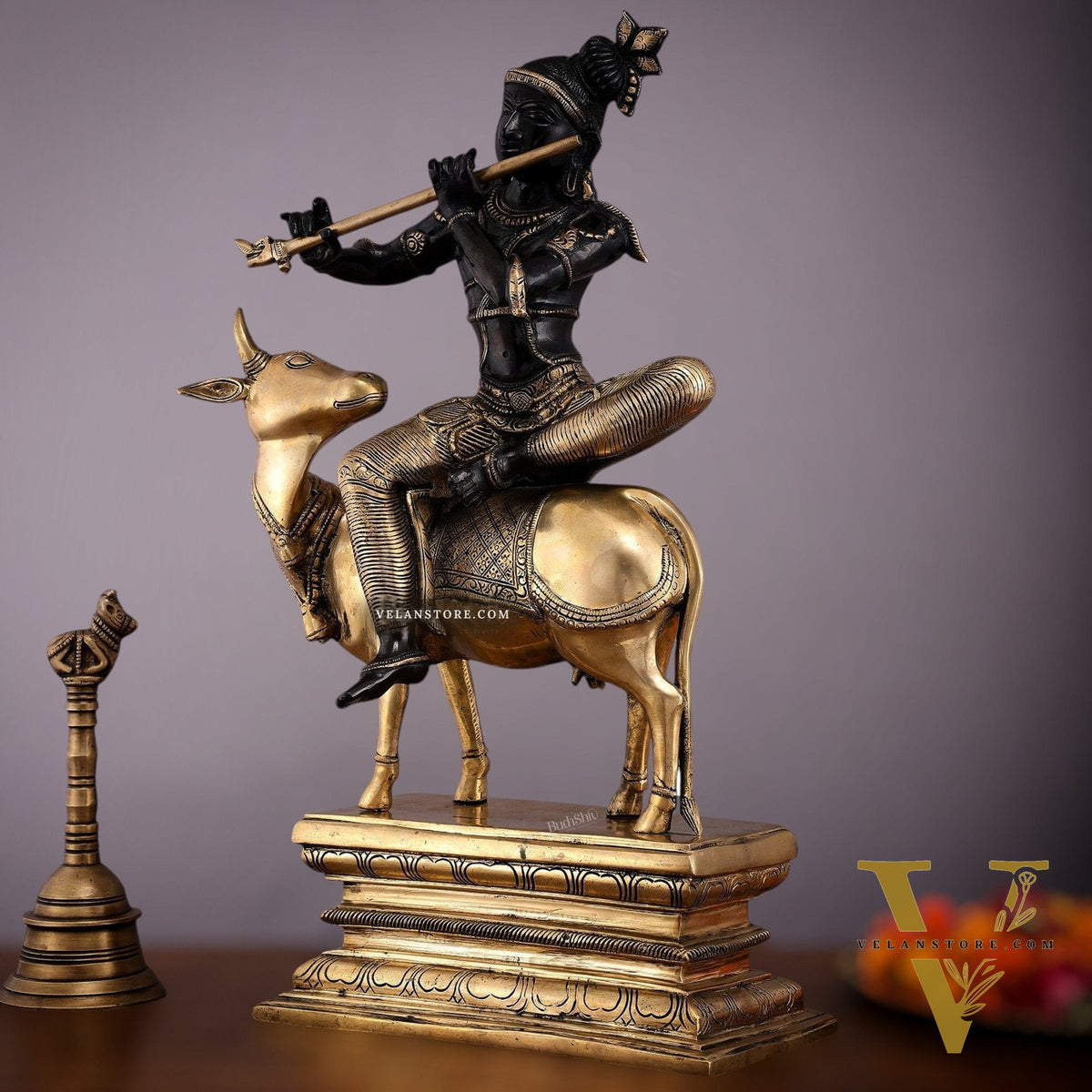 Brass Venugopal Krishna on Cow Statue - 21" Height with Black Gold Finish