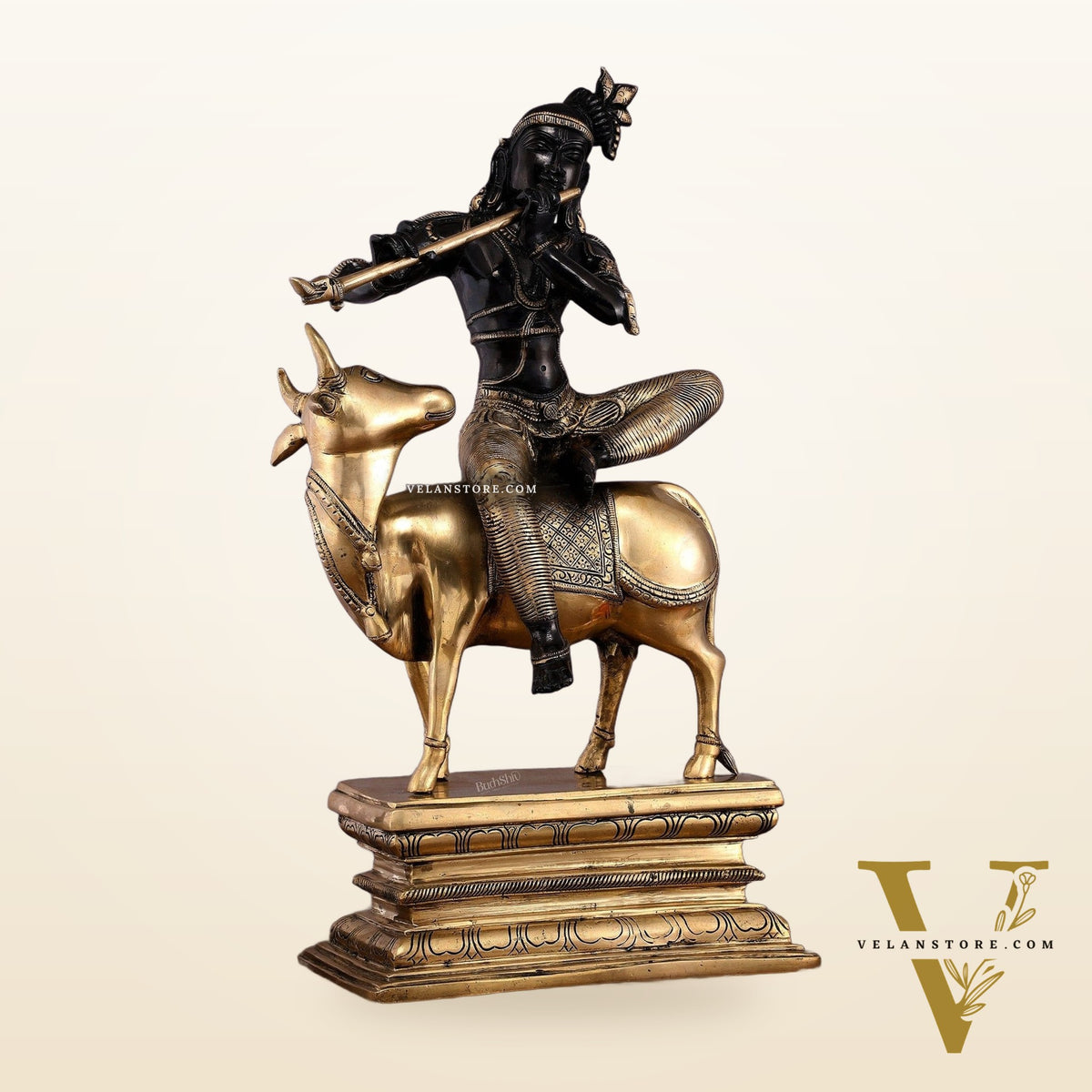 Brass Venugopal Krishna on Cow Statue - 21" Height with Black Gold Finish