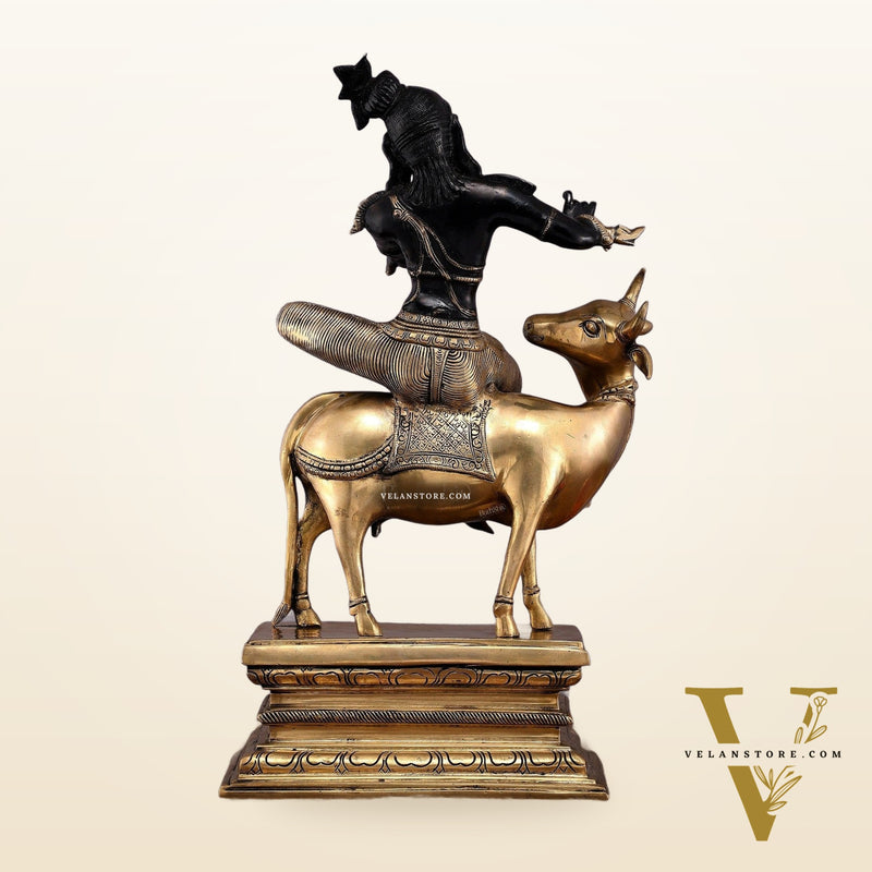 Brass Venugopal Krishna on Cow Statue - 21" Height with Black Gold Finish