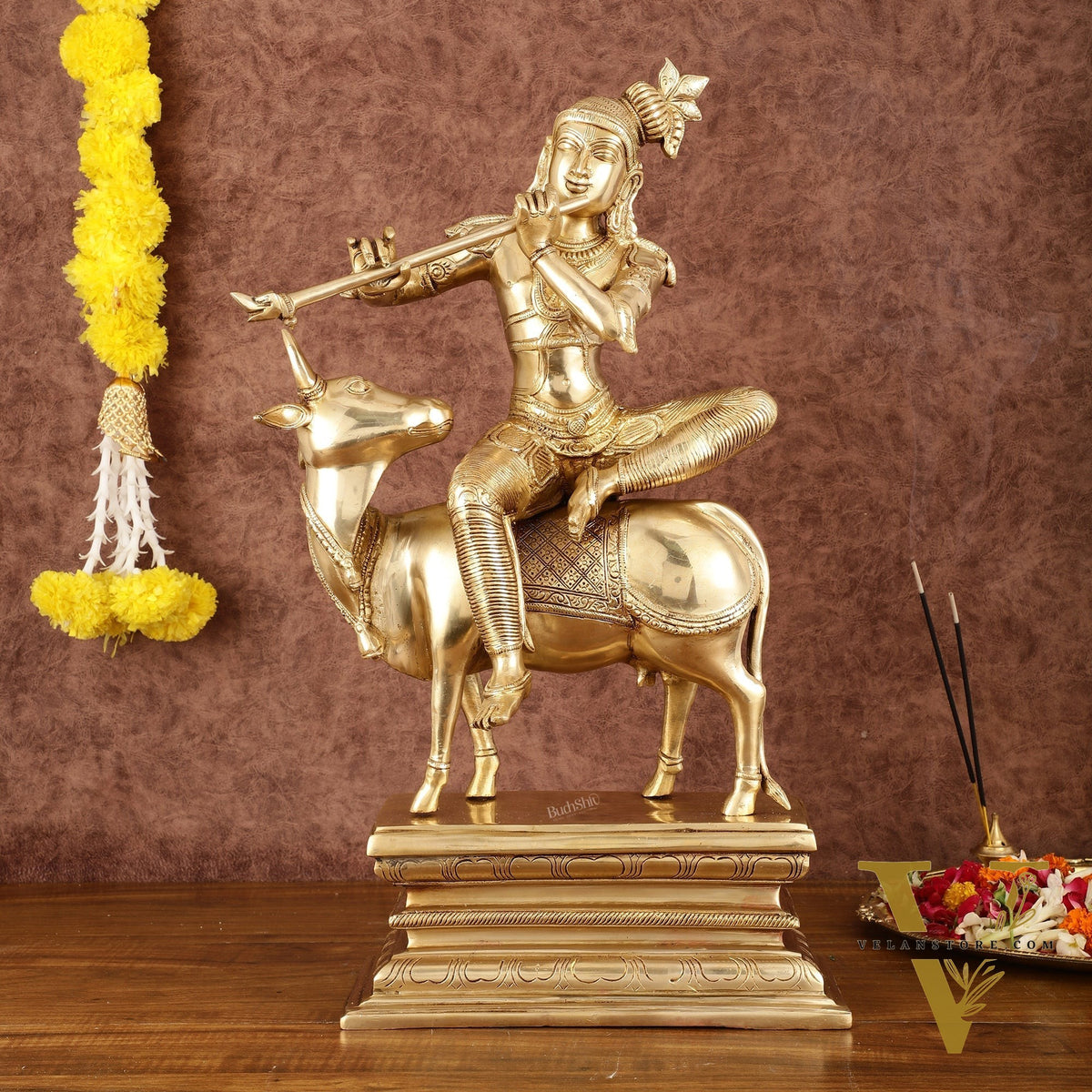 Brass Venugopal Krishna Seated on Cow Statue - 21"
