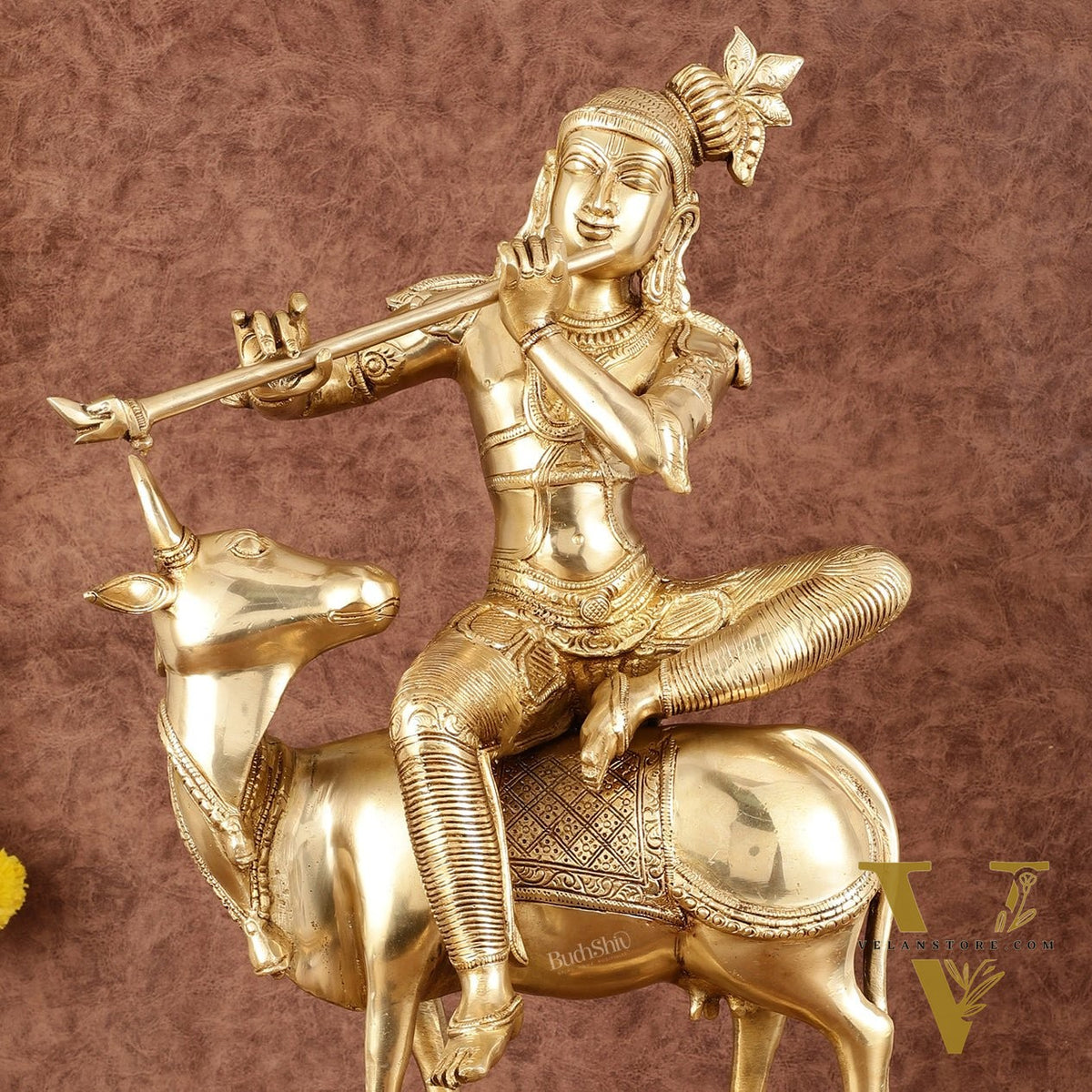 Brass Venugopal Krishna Seated on Cow Statue - 21"