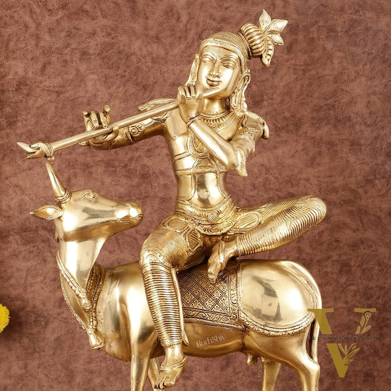 Brass Venugopal Krishna Seated on Cow Statue - 21"