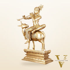 Brass Venugopal Krishna Seated on Cow Statue - 21"
