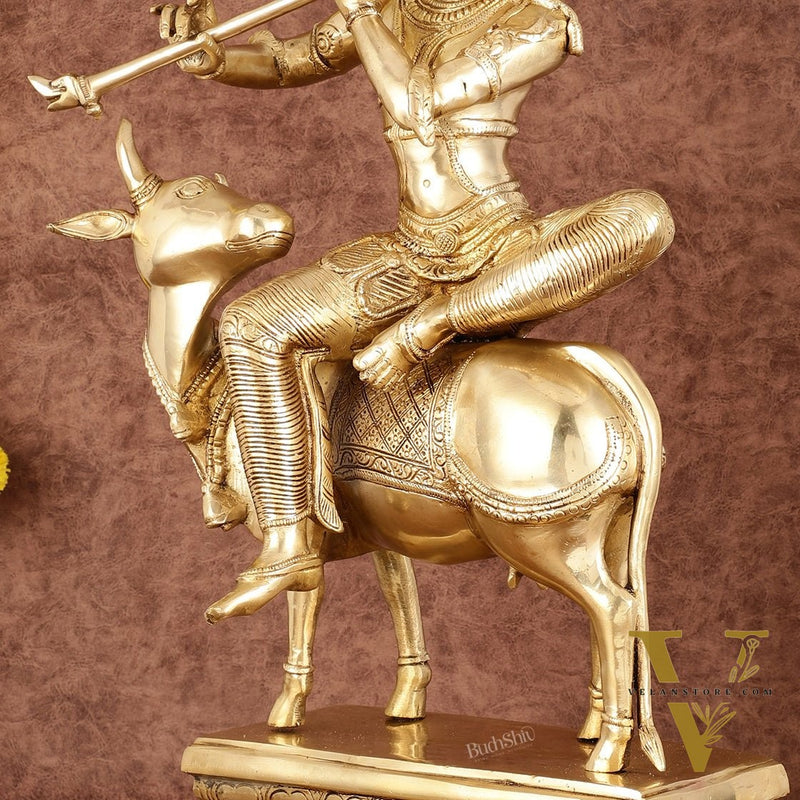 Brass Venugopal Krishna Seated on Cow Statue - 21"